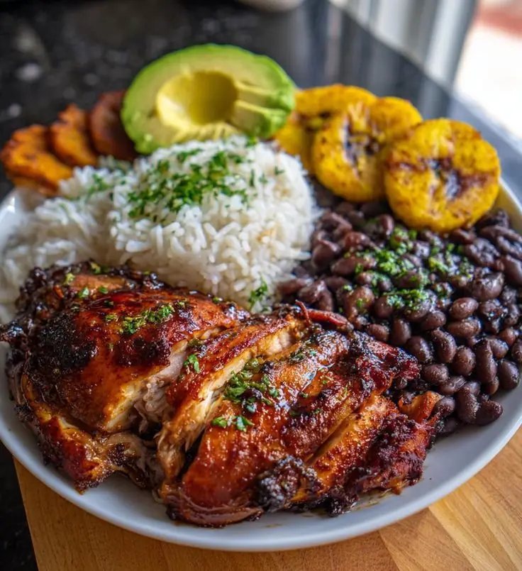 Latin-Style Roasted Chicken with Rice, Black Beans & Plantains