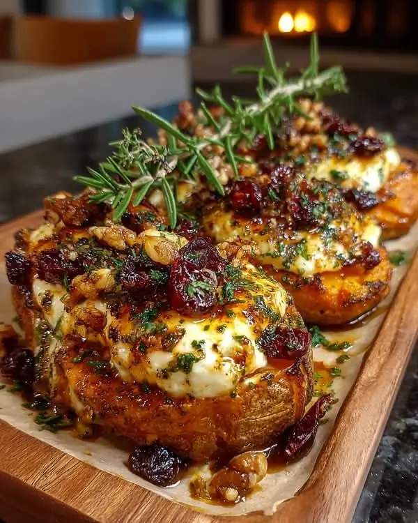 Twice-Baked Sweet Potatoes with Cheese, Walnuts & Cranberries