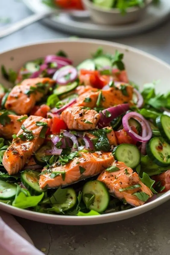 Fresh Salmon Salad with Cucumbers, Tomatoes & Herb Dressing