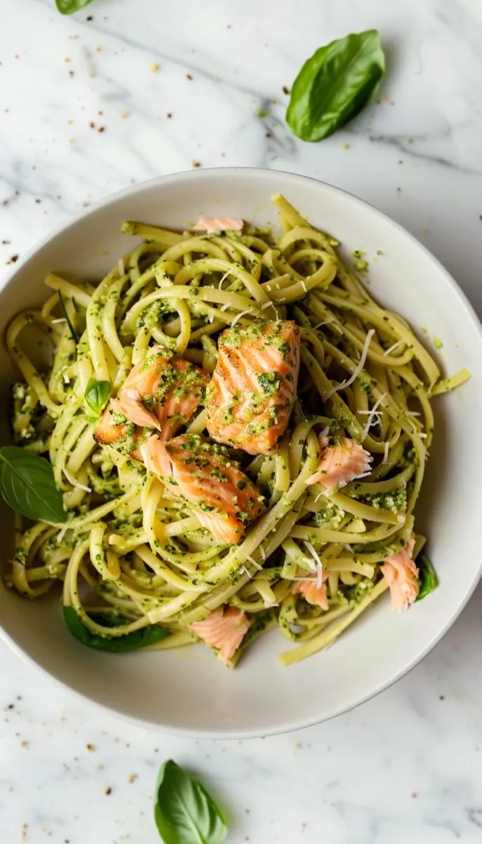 Pan-Seared Salmon with Creamy Basil Pesto Pasta
