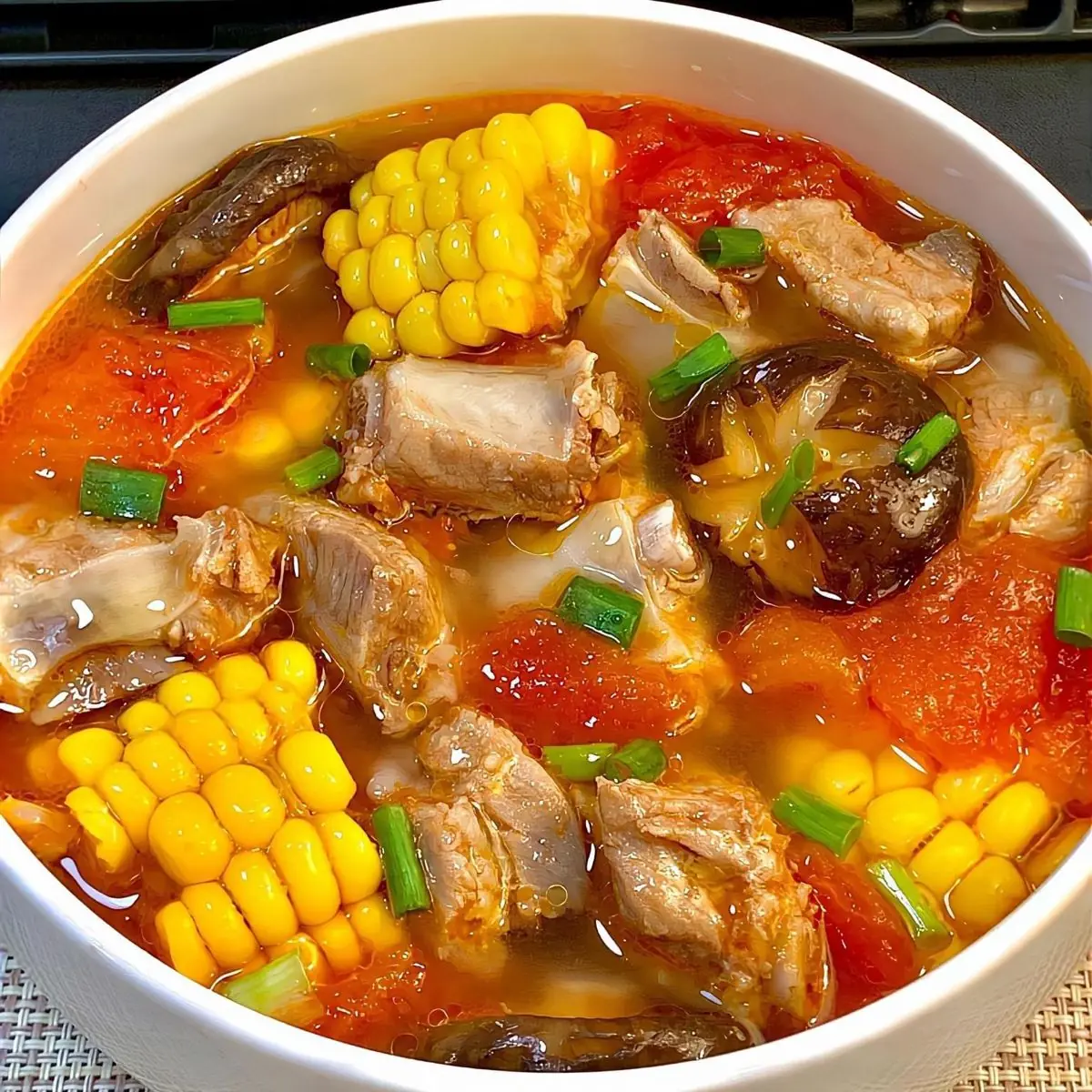 Tomato Pork Rib Soup with Corn & Shiitake Mushrooms