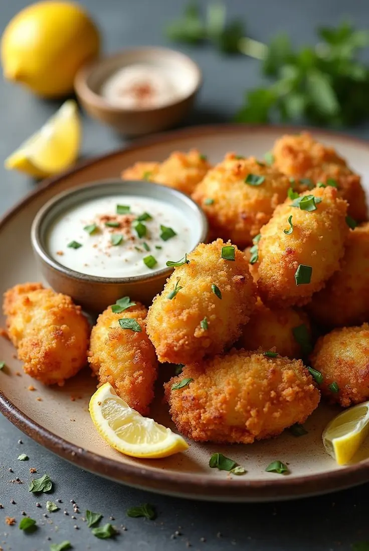 Crispy Popcorn Chicken Bites with Spicy Creamy Dipping Sauce