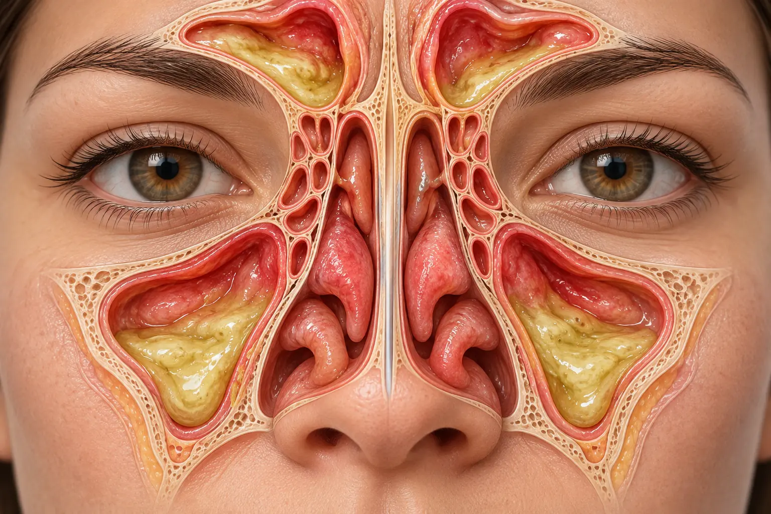 Medical illustration of inflamed nasal passages and sinuses with thick mucus, without labels or logos.