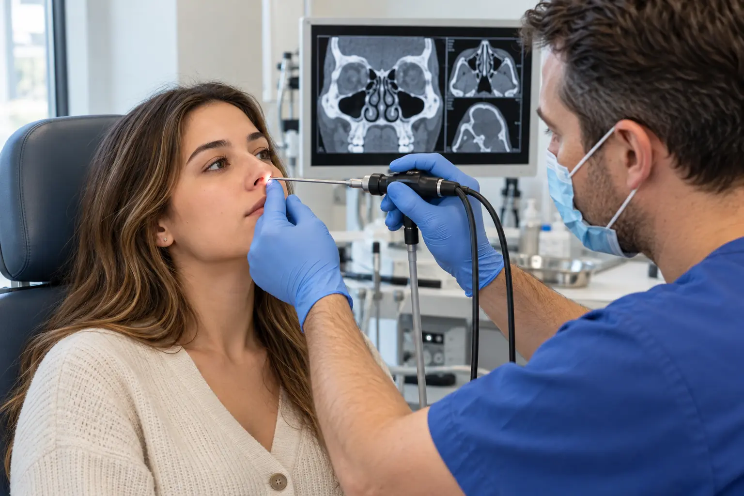 An ear, nose, and throat specialist examining a patient with an endoscope in a clean clinic, without text or logos.