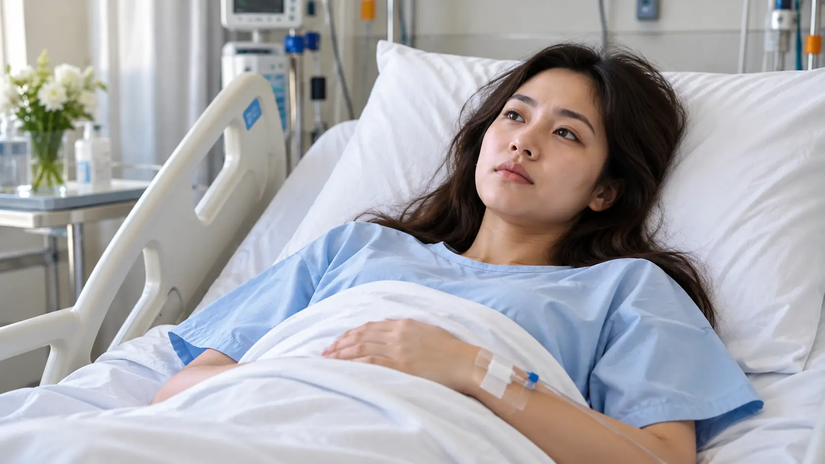 A young woman resting in a hospital bed, with no text or logos.